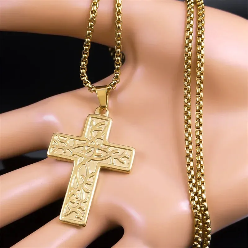 Cross Tree of Life Chain Necklace for Women Men Stainless Steel Gold Color Pendant Necklaces