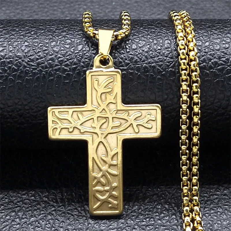 Cross Tree of Life Chain Necklace for Women Men Stainless Steel Gold Color Pendant Necklaces