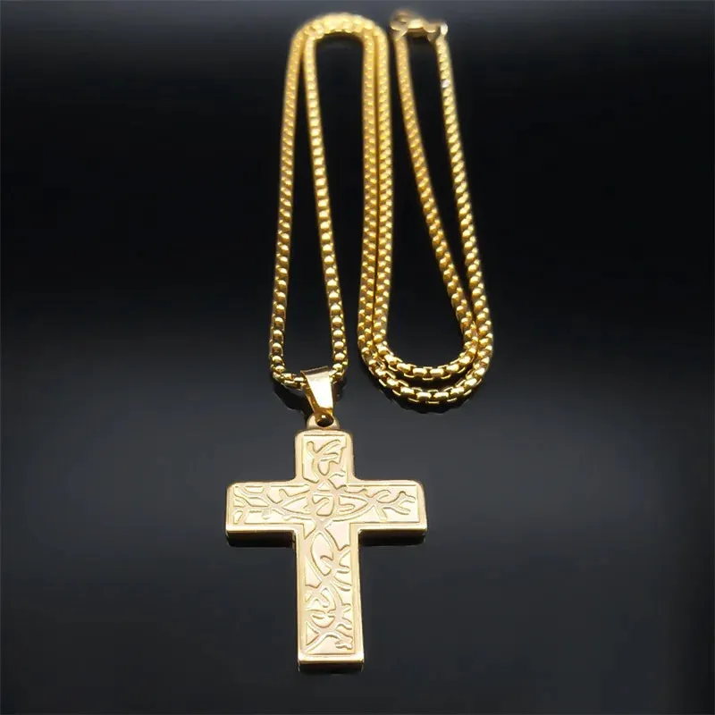 Cross Tree of Life Chain Necklace for Women Men Stainless Steel Gold Color Pendant Necklaces