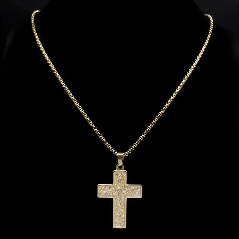 Cross Tree of Life Chain Necklace for Women Men Stainless Steel Gold Color Pendant Necklaces