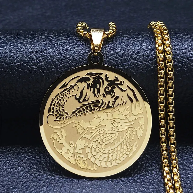 Dragon Stainless Steel Chain Necklaces Women/Men Gold Color Round Pendant Necklace