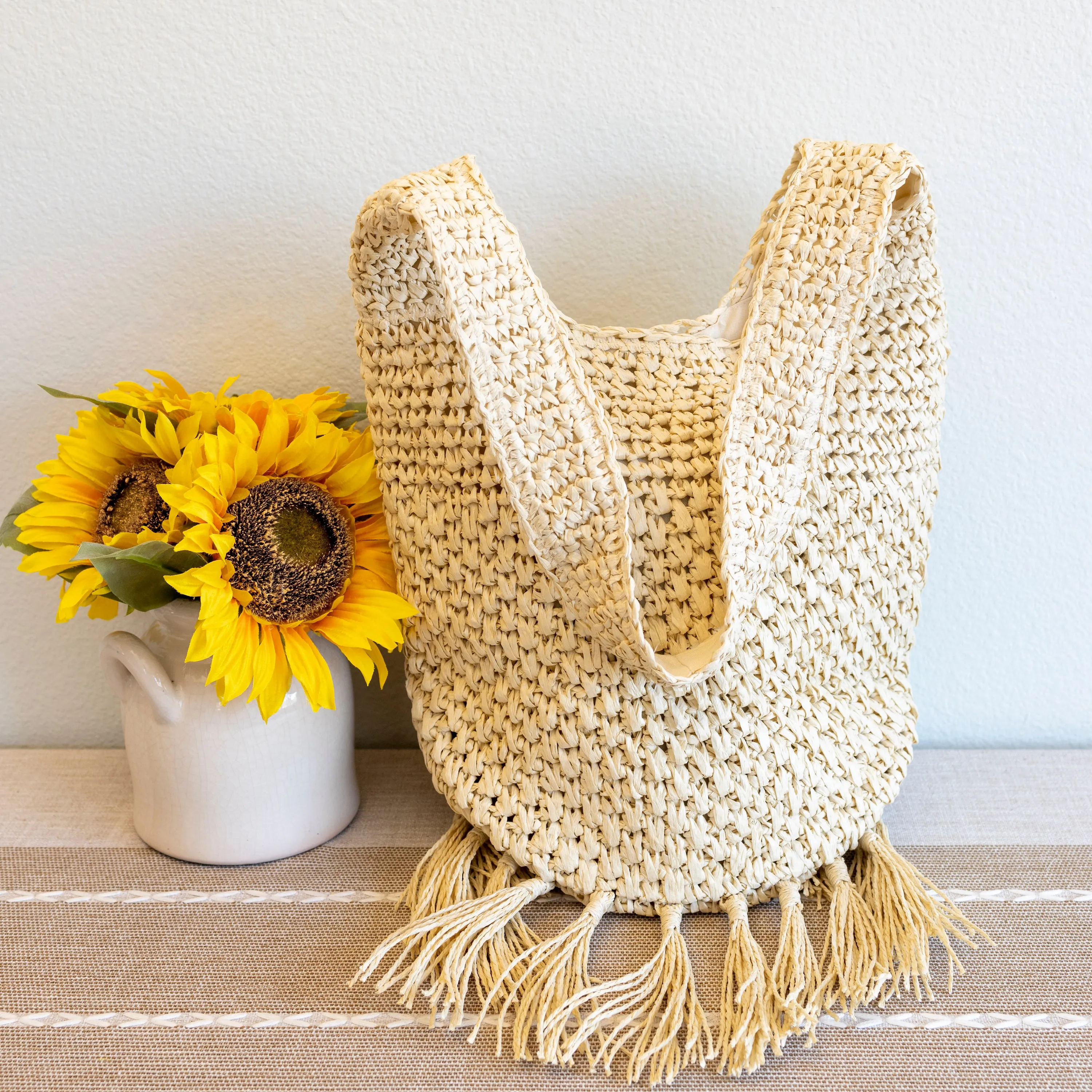 Elena Handbags Large Straw Woven Shoulder Bag with Tassel