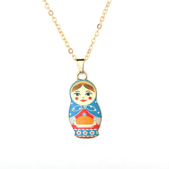 Enamel Russian Dolls Pendant Necklace for Women