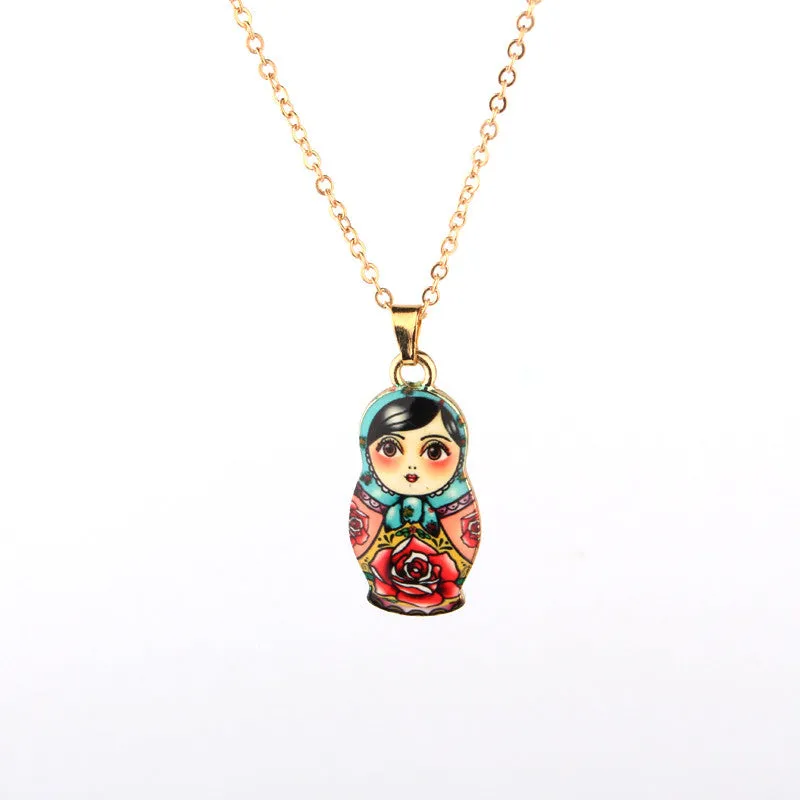Enamel Russian Dolls Pendant Necklace for Women