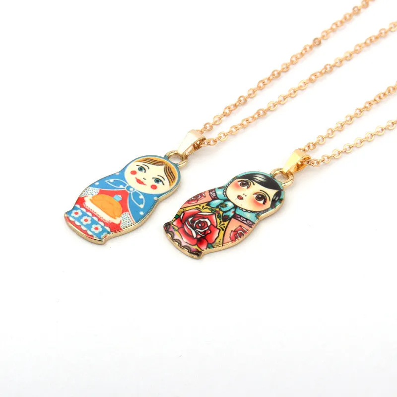 Enamel Russian Dolls Pendant Necklace for Women