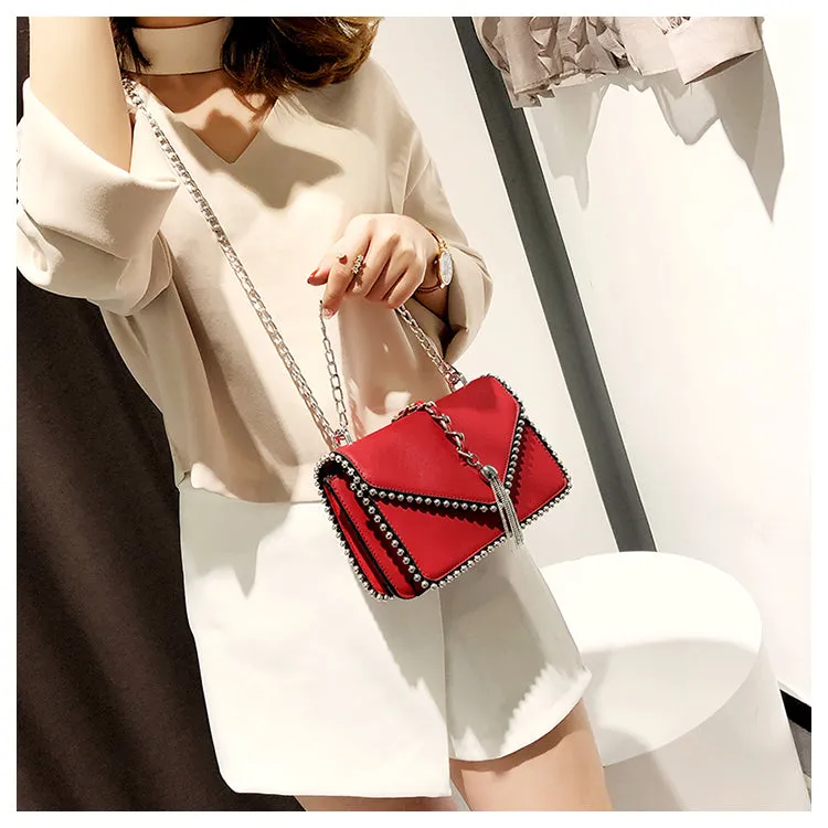 Fashion Leather Simple Small Square Handbag with Tassel Chain