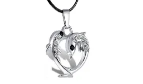 Fashion Silver Plated Dolphin Heart Pendant Black Cord Necklace