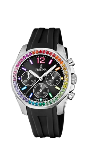 Festina Quartz Chrono 100M WR "Rainbow" Crystal Bezel Black Dial & Silicon Strap