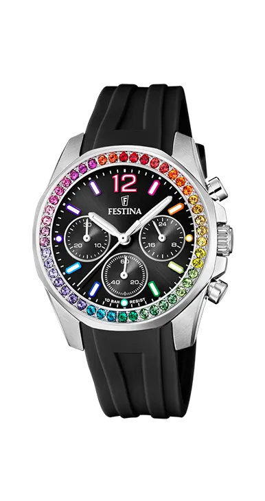 Festina Quartz Chrono 100M WR "Rainbow" Crystal Bezel Black Dial & Silicon Strap