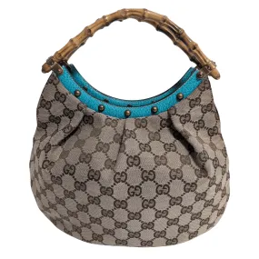 GG Canvas Bamboo Handle Turquoise Studded Leather Handbag