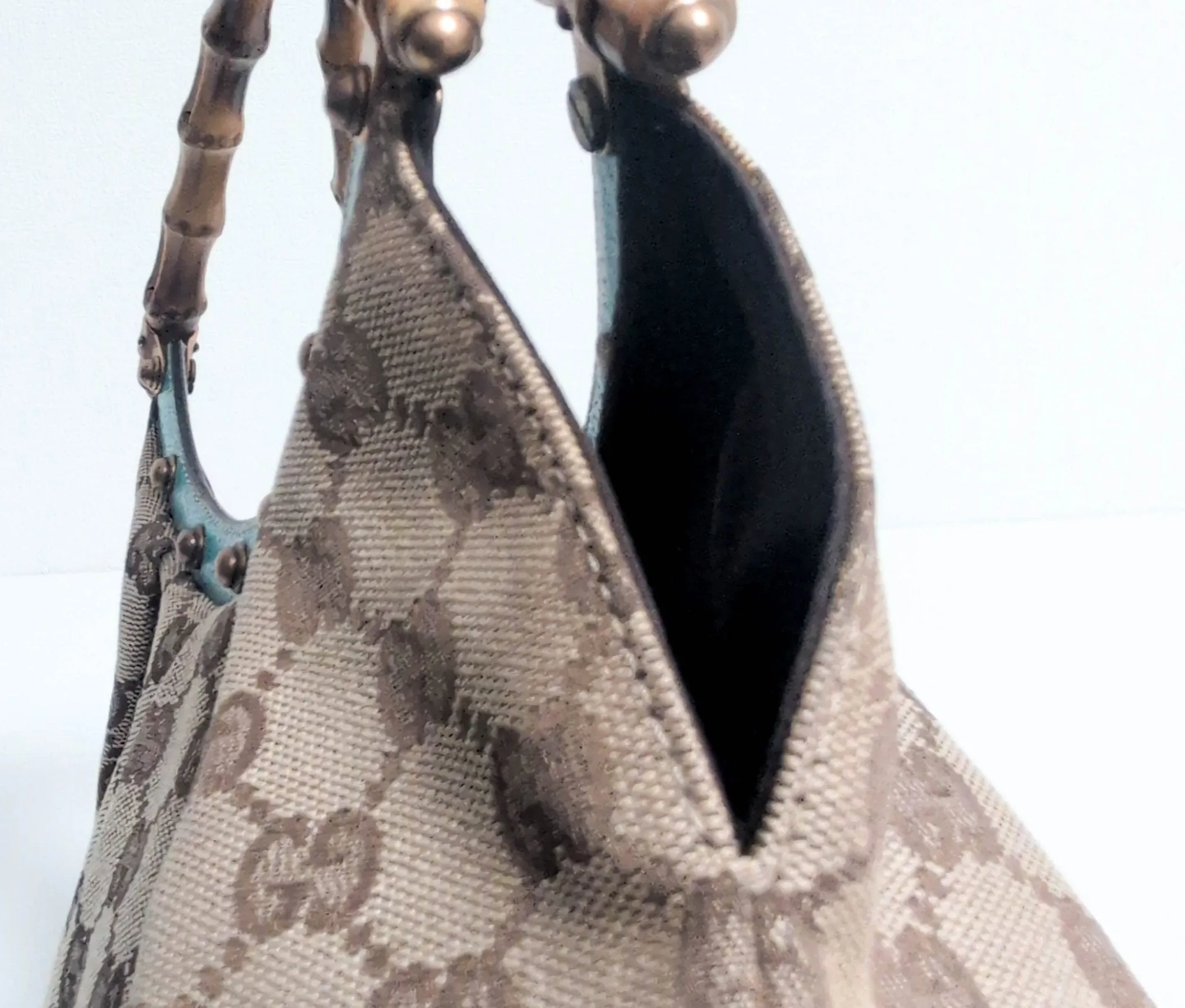 GG Canvas Bamboo Handle Turquoise Studded Leather Handbag