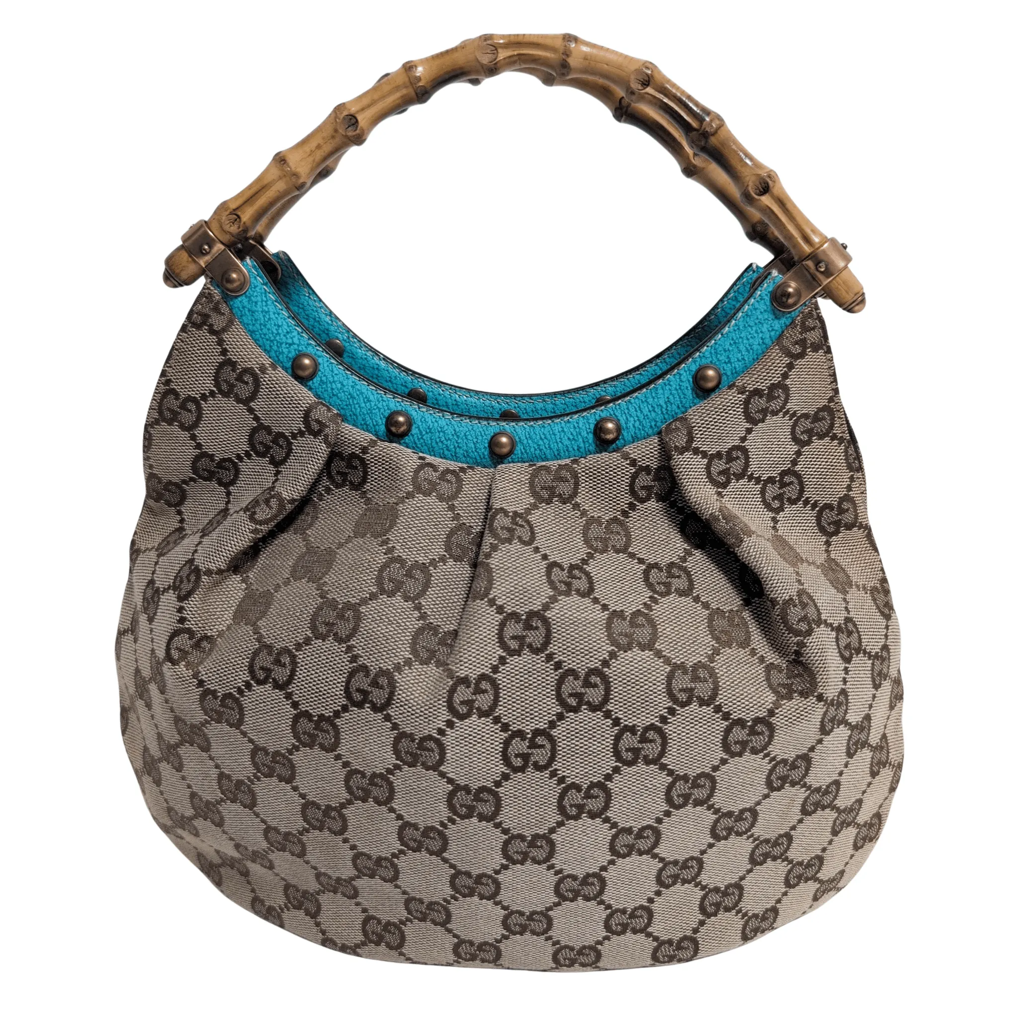 GG Canvas Bamboo Handle Turquoise Studded Leather Handbag