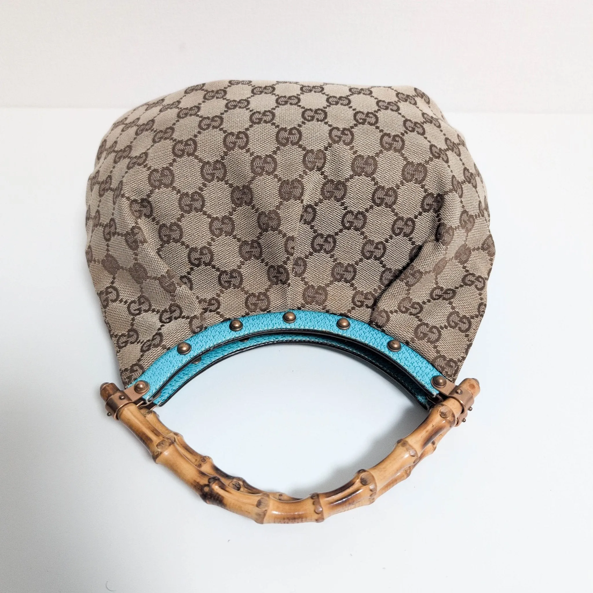 GG Canvas Bamboo Handle Turquoise Studded Leather Handbag