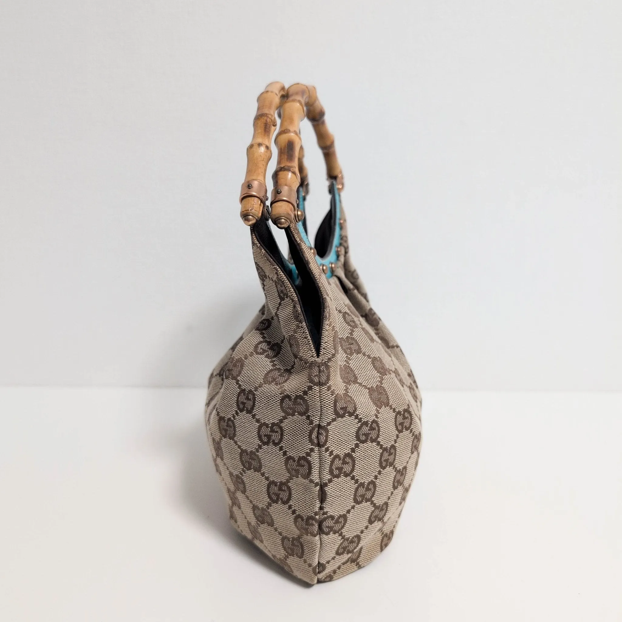 GG Canvas Bamboo Handle Turquoise Studded Leather Handbag