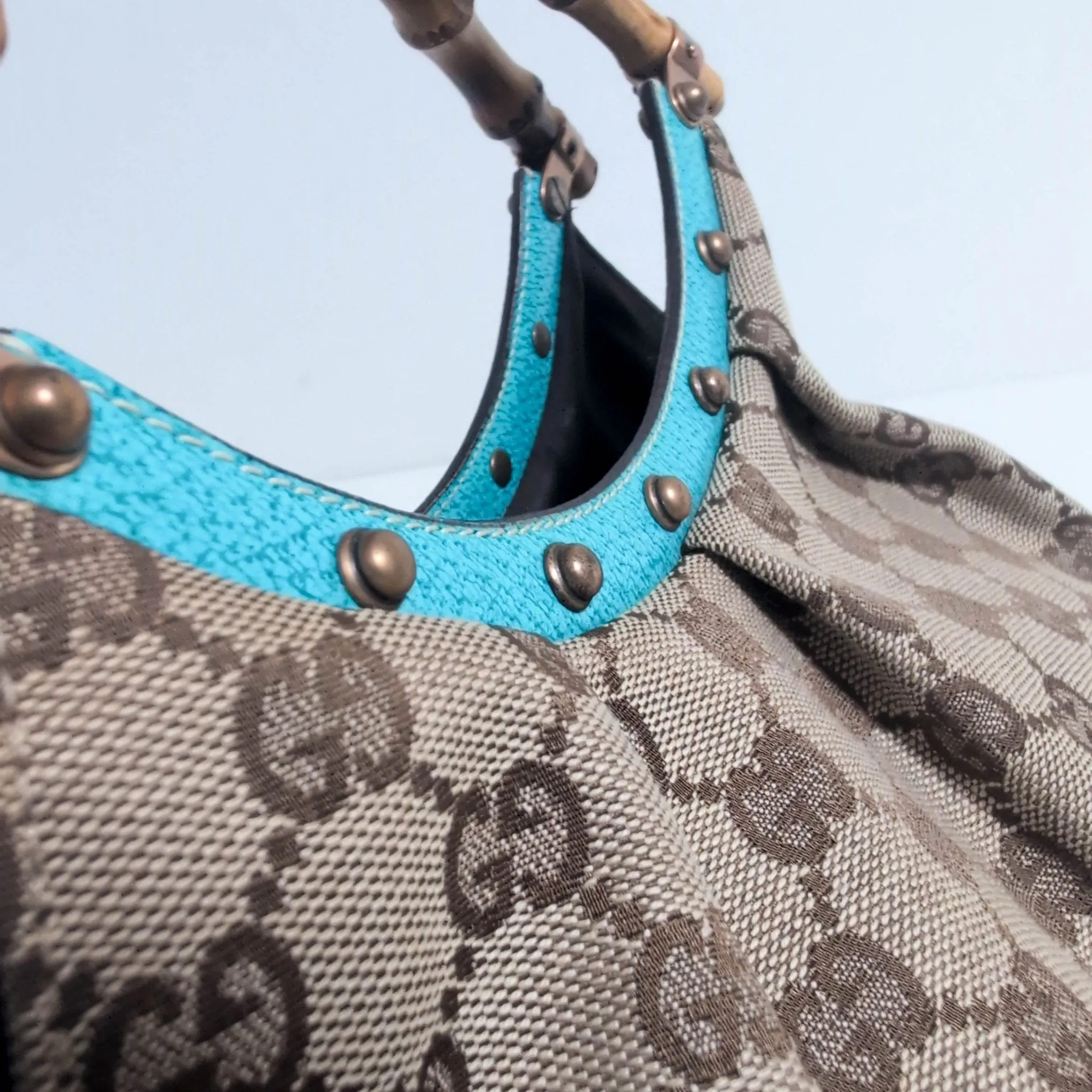 GG Canvas Bamboo Handle Turquoise Studded Leather Handbag