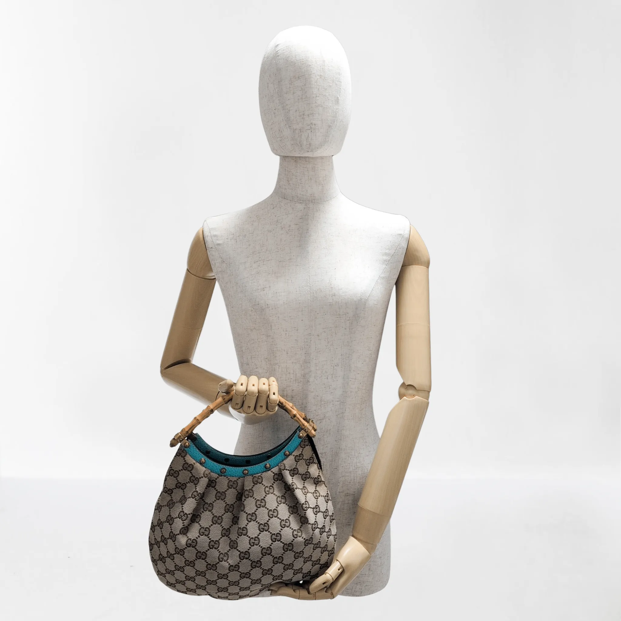 GG Canvas Bamboo Handle Turquoise Studded Leather Handbag
