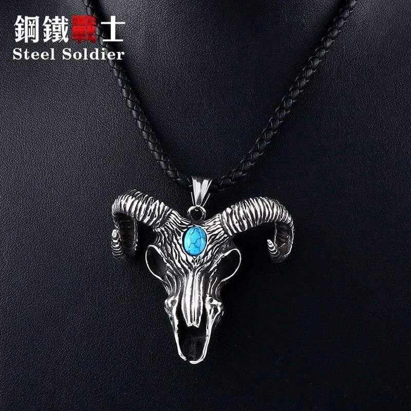 goat skull skeleton pendant necklace Men demonic animal Jewelry with stone amulet