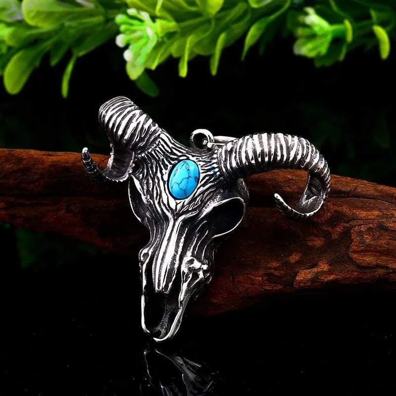 goat skull skeleton pendant necklace Men demonic animal Jewelry with stone amulet