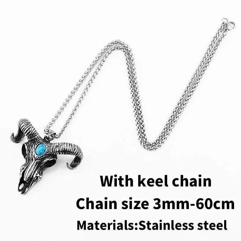 goat skull skeleton pendant necklace Men demonic animal Jewelry with stone amulet