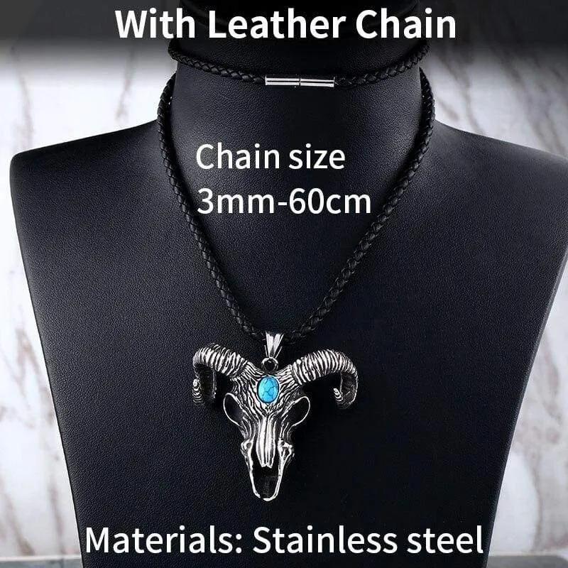 goat skull skeleton pendant necklace Men demonic animal Jewelry with stone amulet