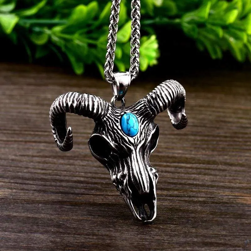 goat skull skeleton pendant necklace Men demonic animal Jewelry with stone amulet