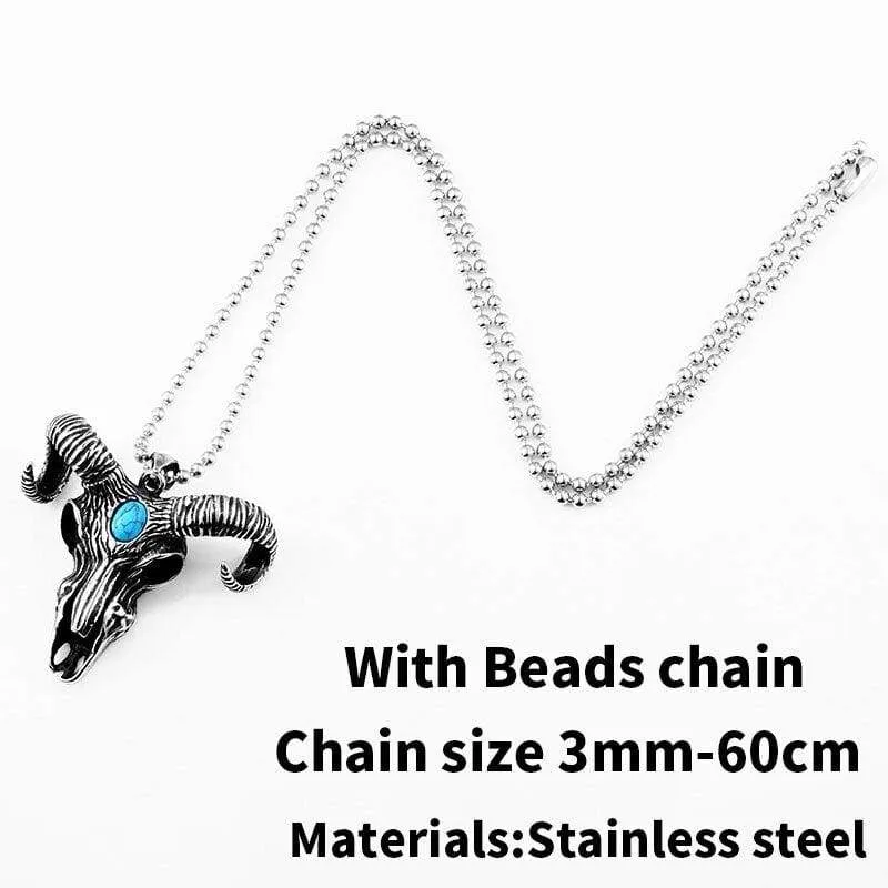 goat skull skeleton pendant necklace Men demonic animal Jewelry with stone amulet