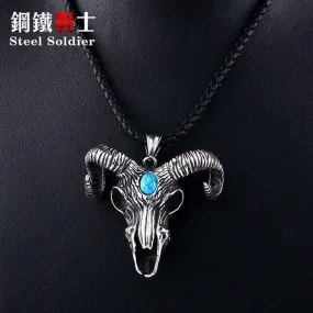 goat skull skeleton pendant necklace Men demonic animal Jewelry with stone amulet