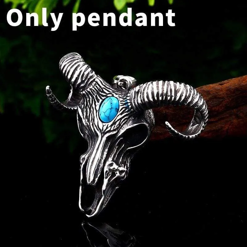 goat skull skeleton pendant necklace Men demonic animal Jewelry with stone amulet