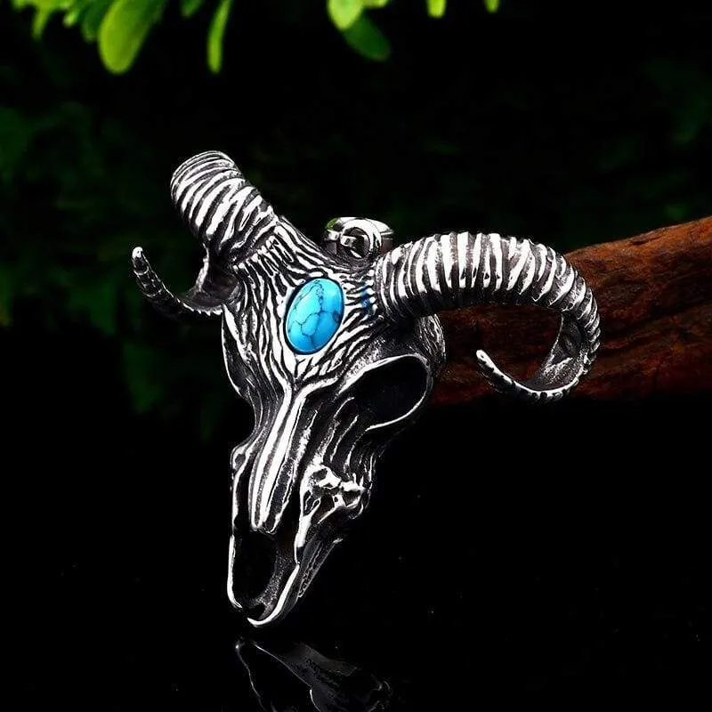 goat skull skeleton pendant necklace Men demonic animal Jewelry with stone amulet