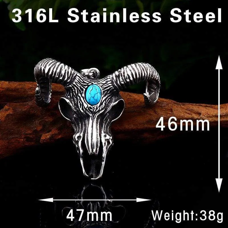 goat skull skeleton pendant necklace Men demonic animal Jewelry with stone amulet