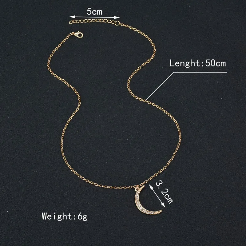 Gold Color Rhinestone Moon Pendant Necklace for Women