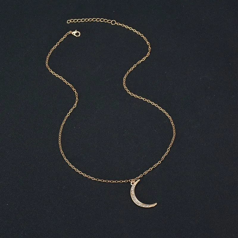 Gold Color Rhinestone Moon Pendant Necklace for Women