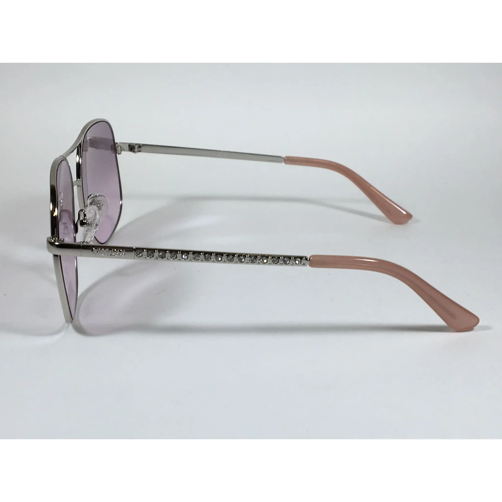 Guess Aviator Sunglasses Shiny Nickel Frame with Rhinestones Light Pink Lens GF6081 10Z