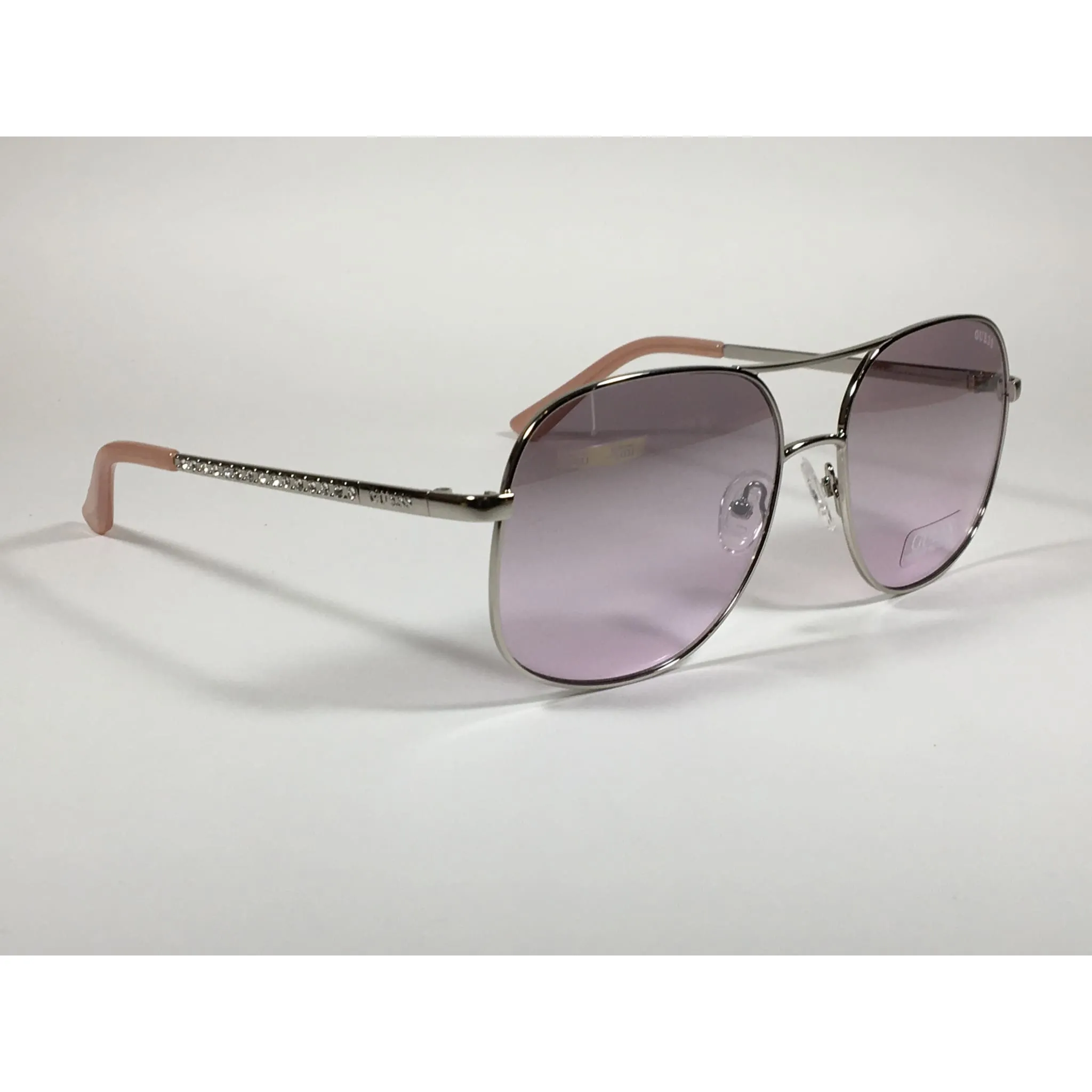 Guess Aviator Sunglasses Shiny Nickel Frame with Rhinestones Light Pink Lens GF6081 10Z