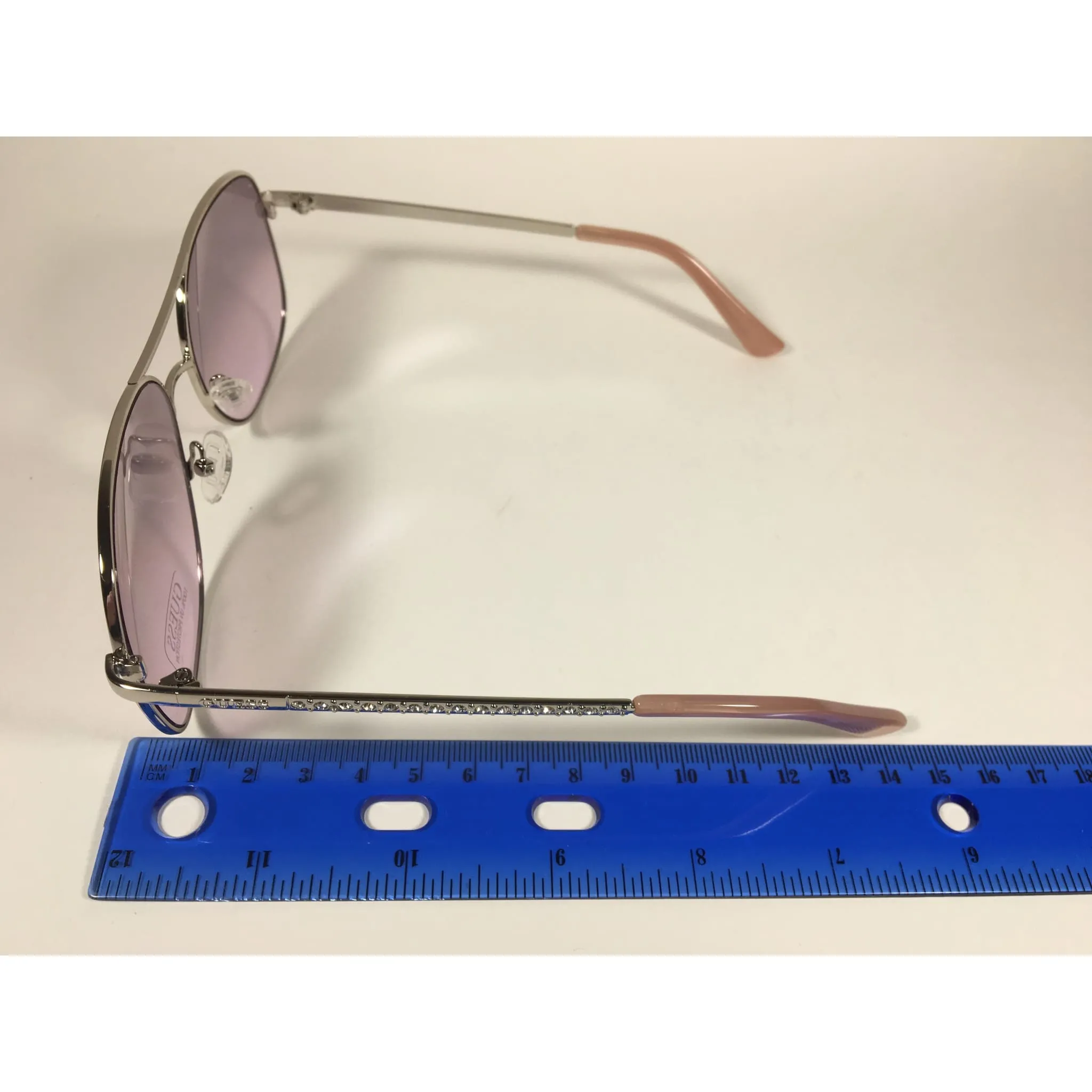 Guess Aviator Sunglasses Shiny Nickel Frame with Rhinestones Light Pink Lens GF6081 10Z