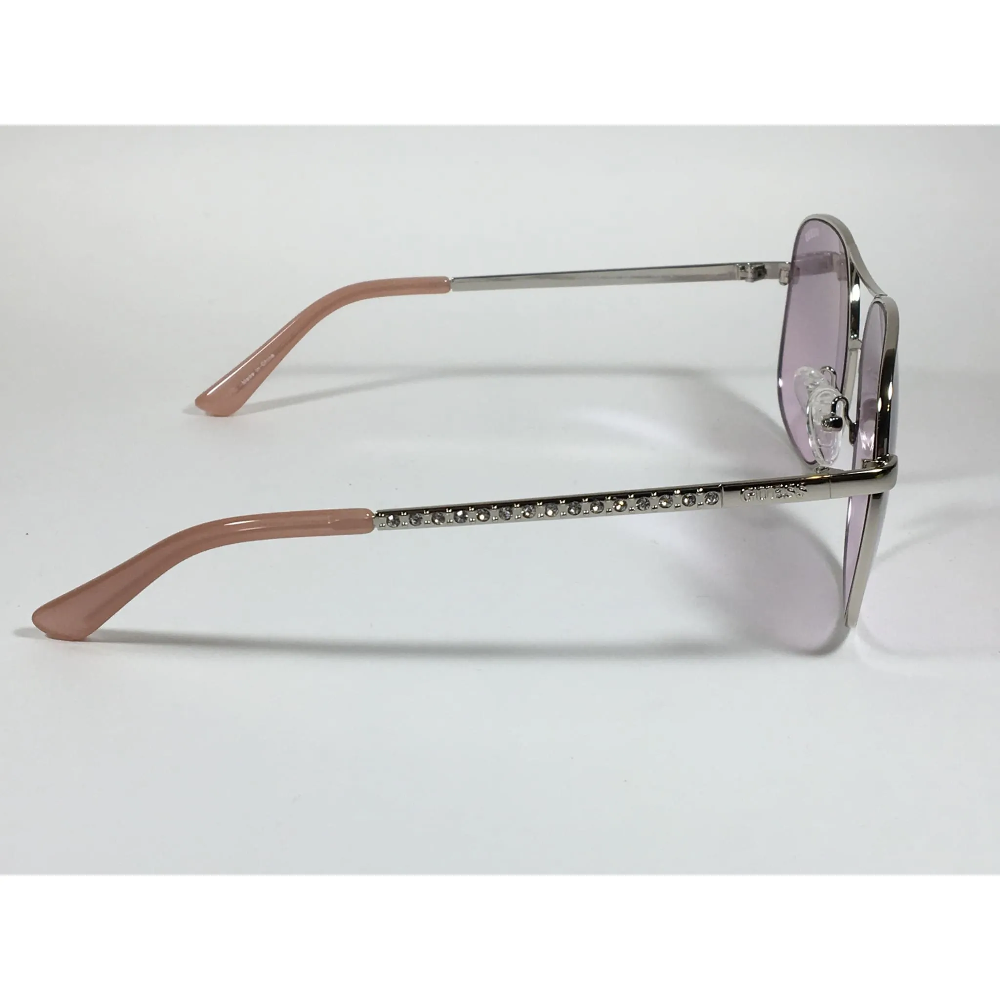 Guess Aviator Sunglasses Shiny Nickel Frame with Rhinestones Light Pink Lens GF6081 10Z