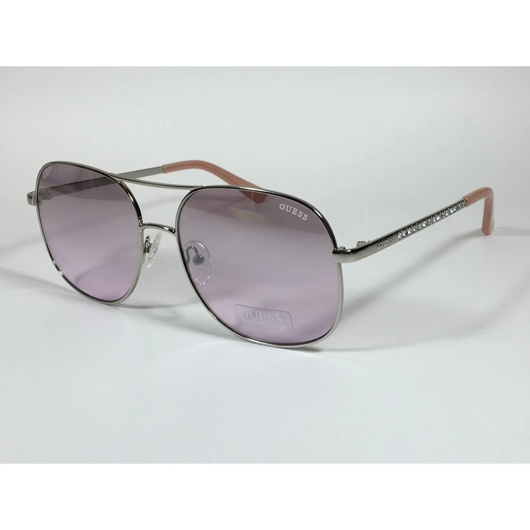 Guess Aviator Sunglasses Shiny Nickel Frame with Rhinestones Light Pink Lens GF6081 10Z