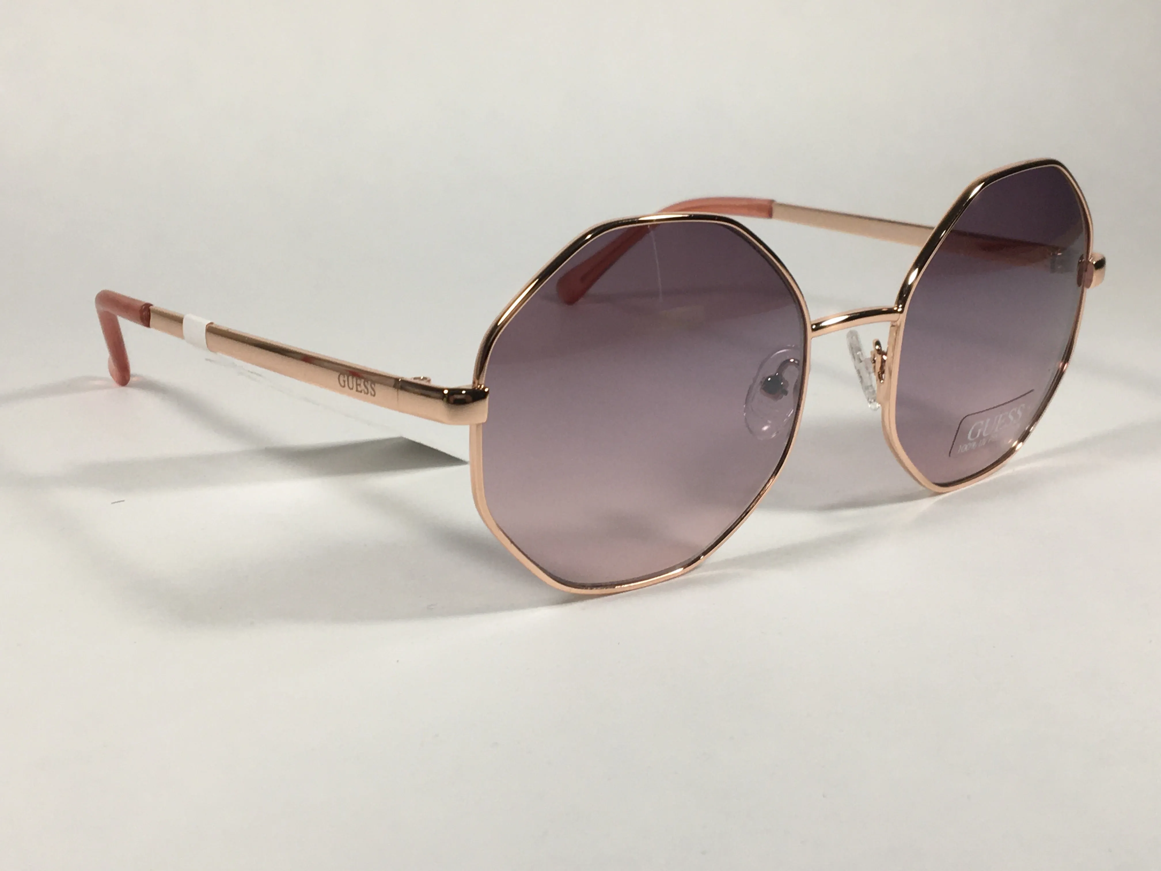 Guess Polygon Geometric Sunglasses Rose Gold Frame Gray Pink Purple Gradient Lens GF0319 28F