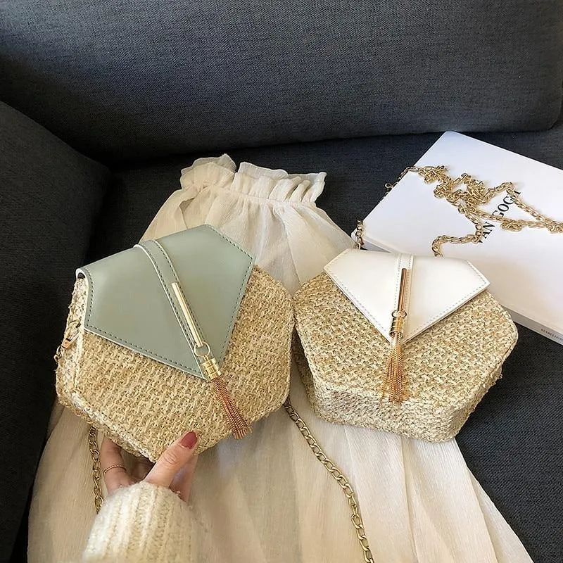 Hexagon Mulit Style Straw leather Handbag