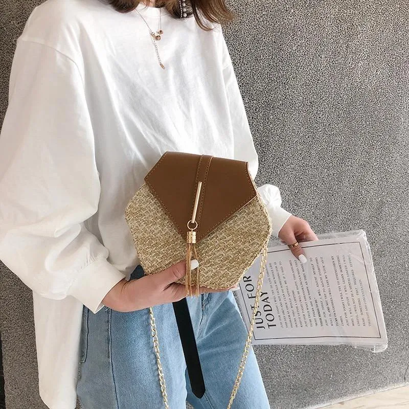 Hexagon Mulit Style Straw leather Handbag