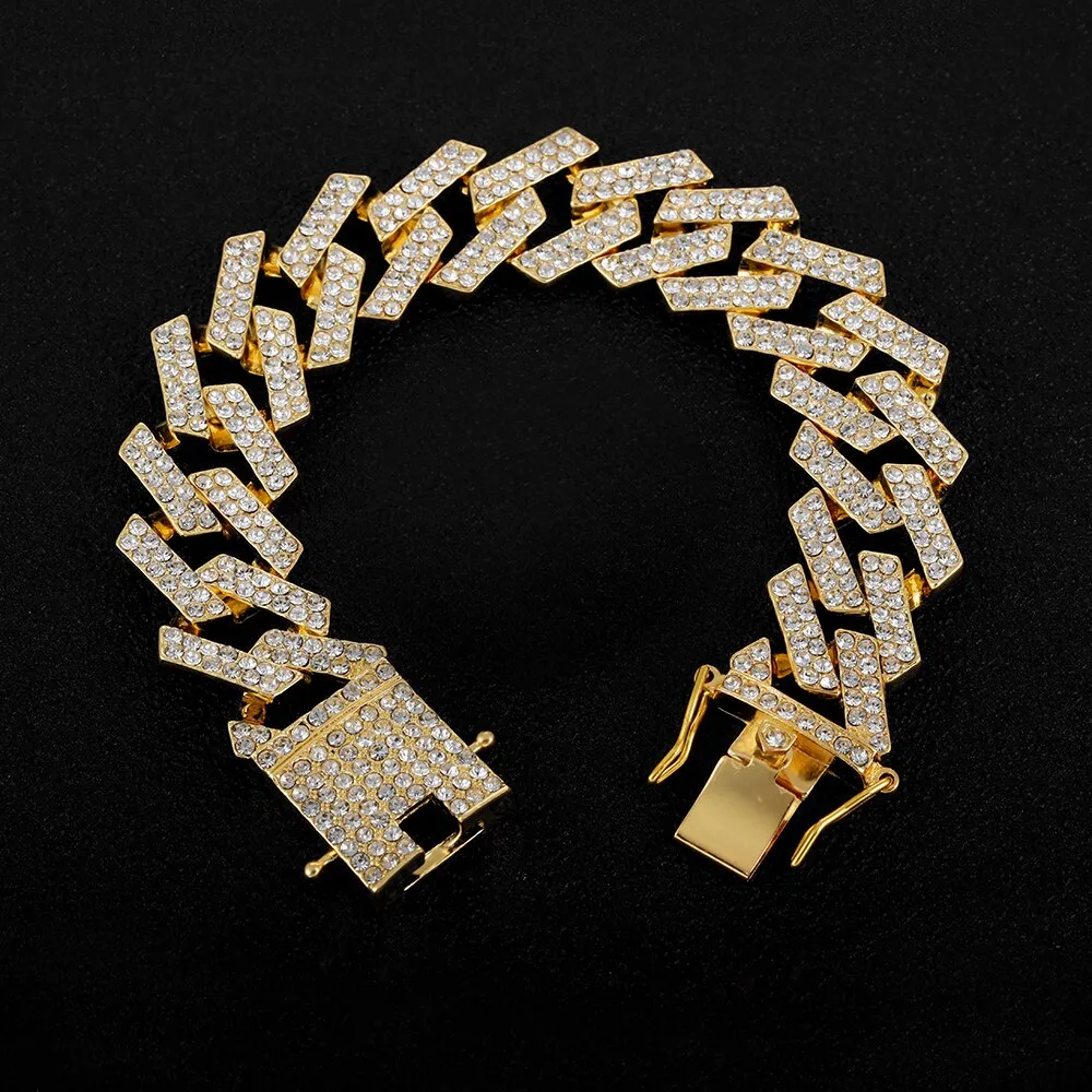 Hip Hop Gold Color Iced Out Bling CZ Cuban Link Chain Bracelet For Men