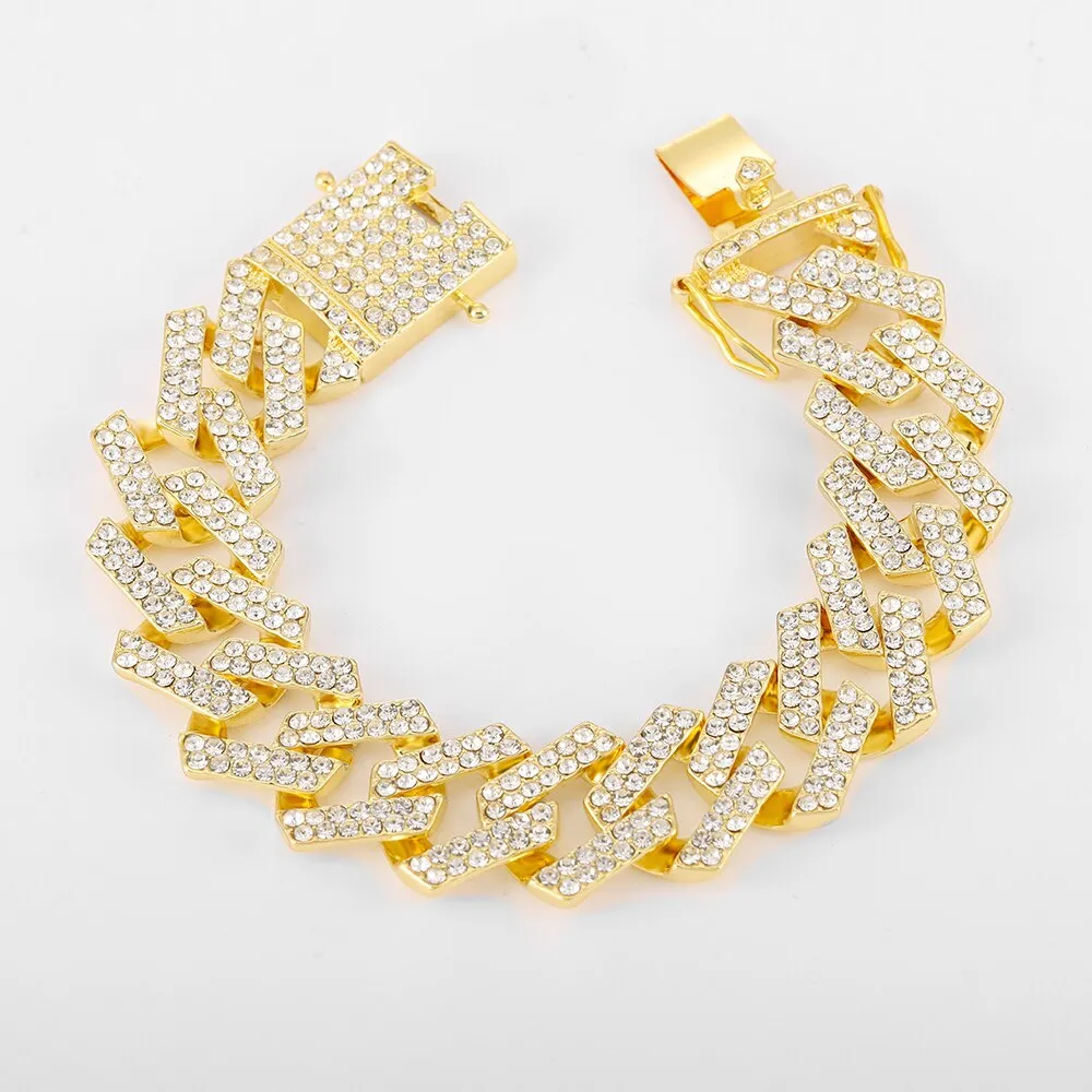 Hip Hop Gold Color Iced Out Bling CZ Cuban Link Chain Bracelet For Men