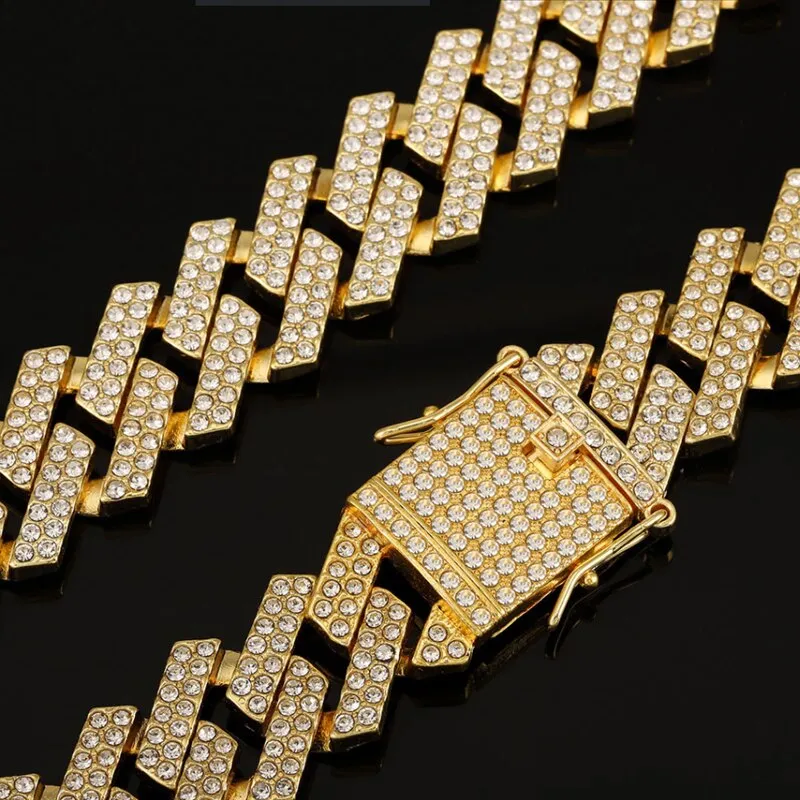 Hip Hop Gold Color Iced Out Bling CZ Cuban Link Chain Bracelet For Men
