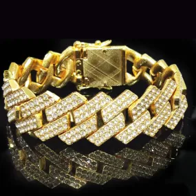 Hip Hop Gold Color Iced Out Bling CZ Cuban Link Chain Bracelet For Men