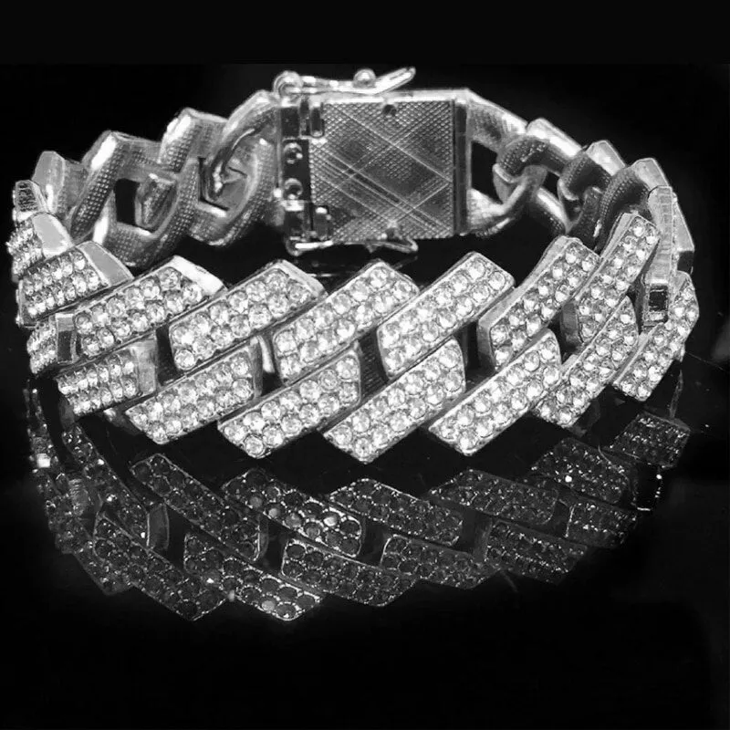 Hip Hop Gold Color Iced Out Bling CZ Cuban Link Chain Bracelet For Men