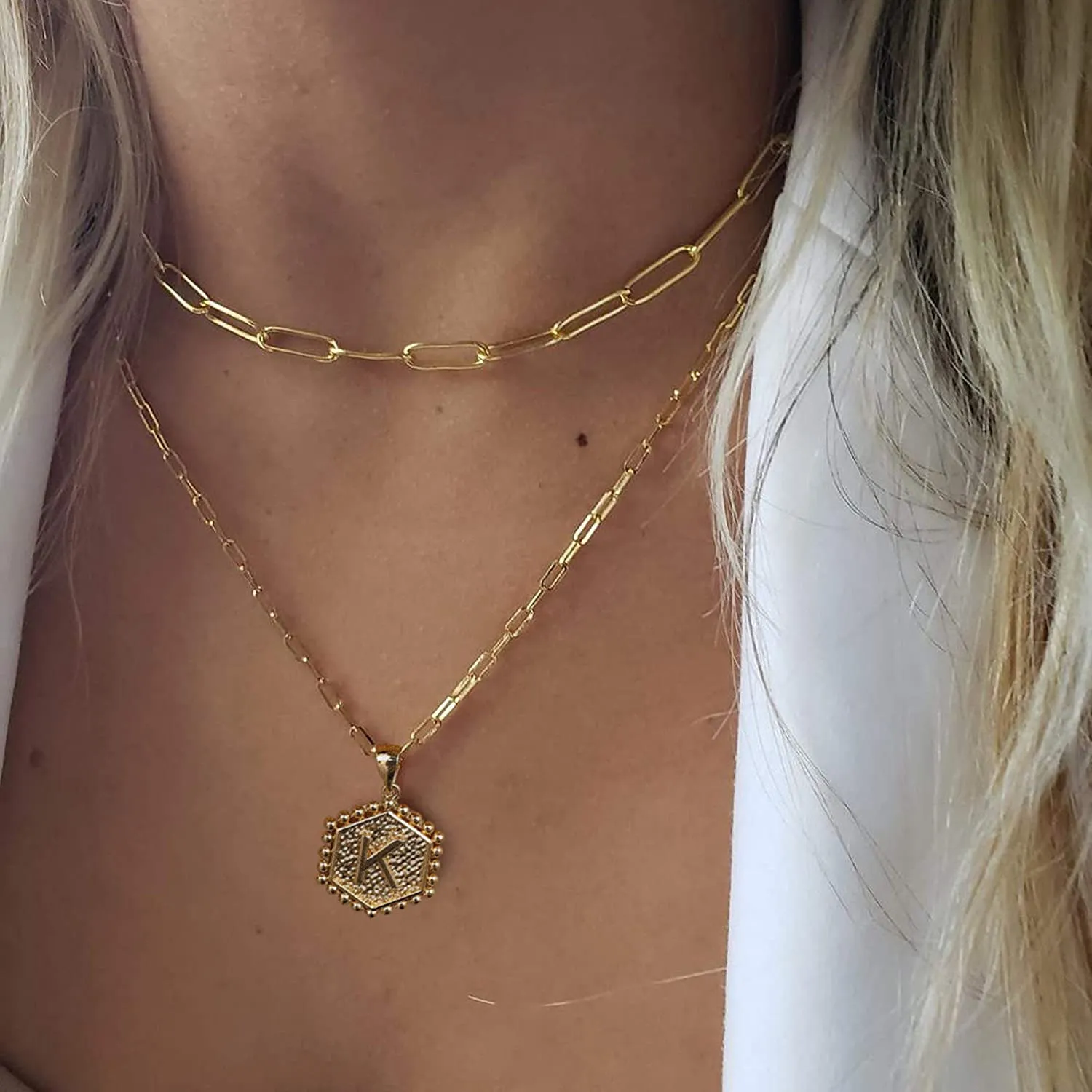 Initial Letter Necklace 14K Gold Plated Paperclip Chain Hexagon Pendant Choker