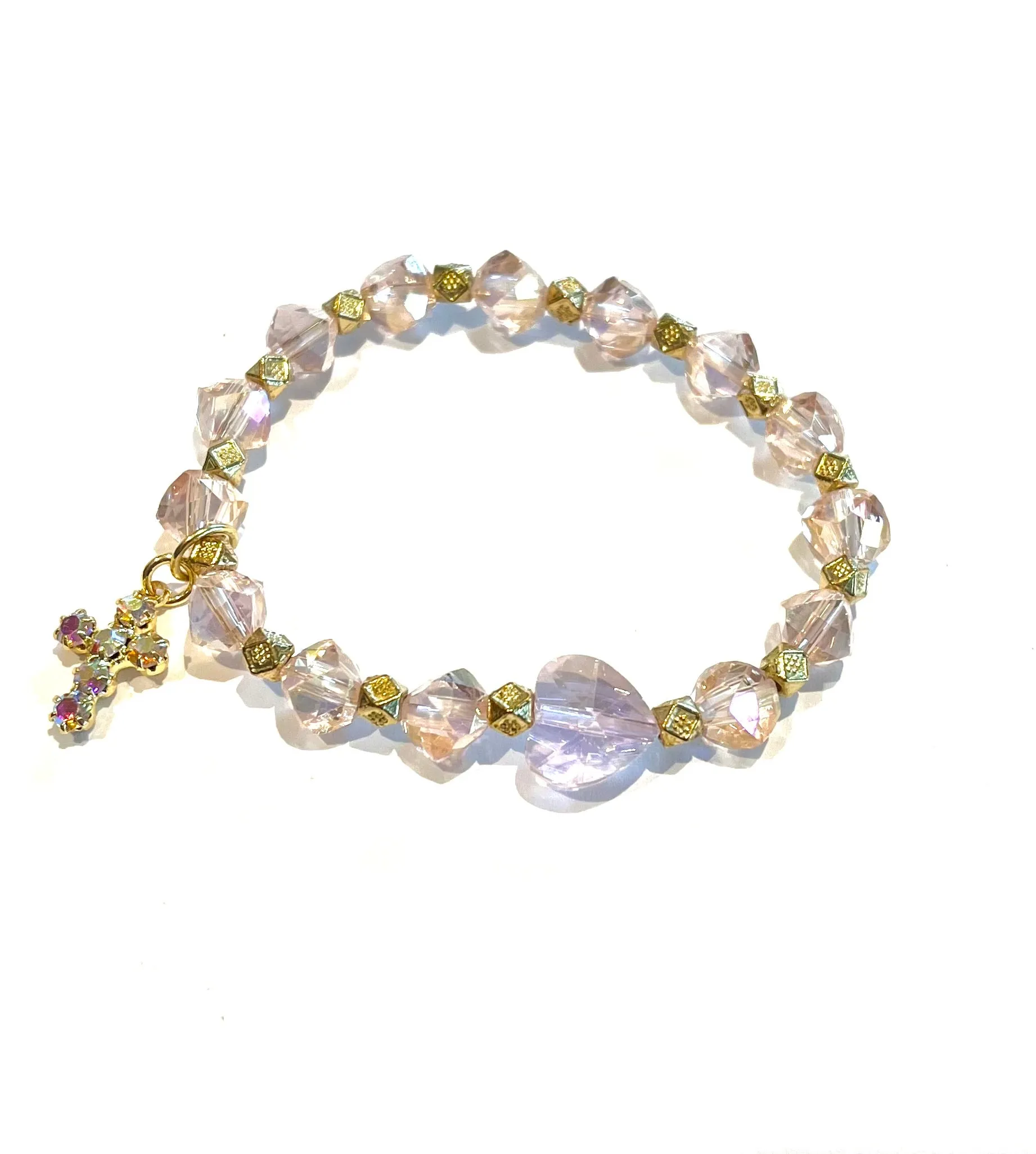Iridescent Heart and Cross Bracelet