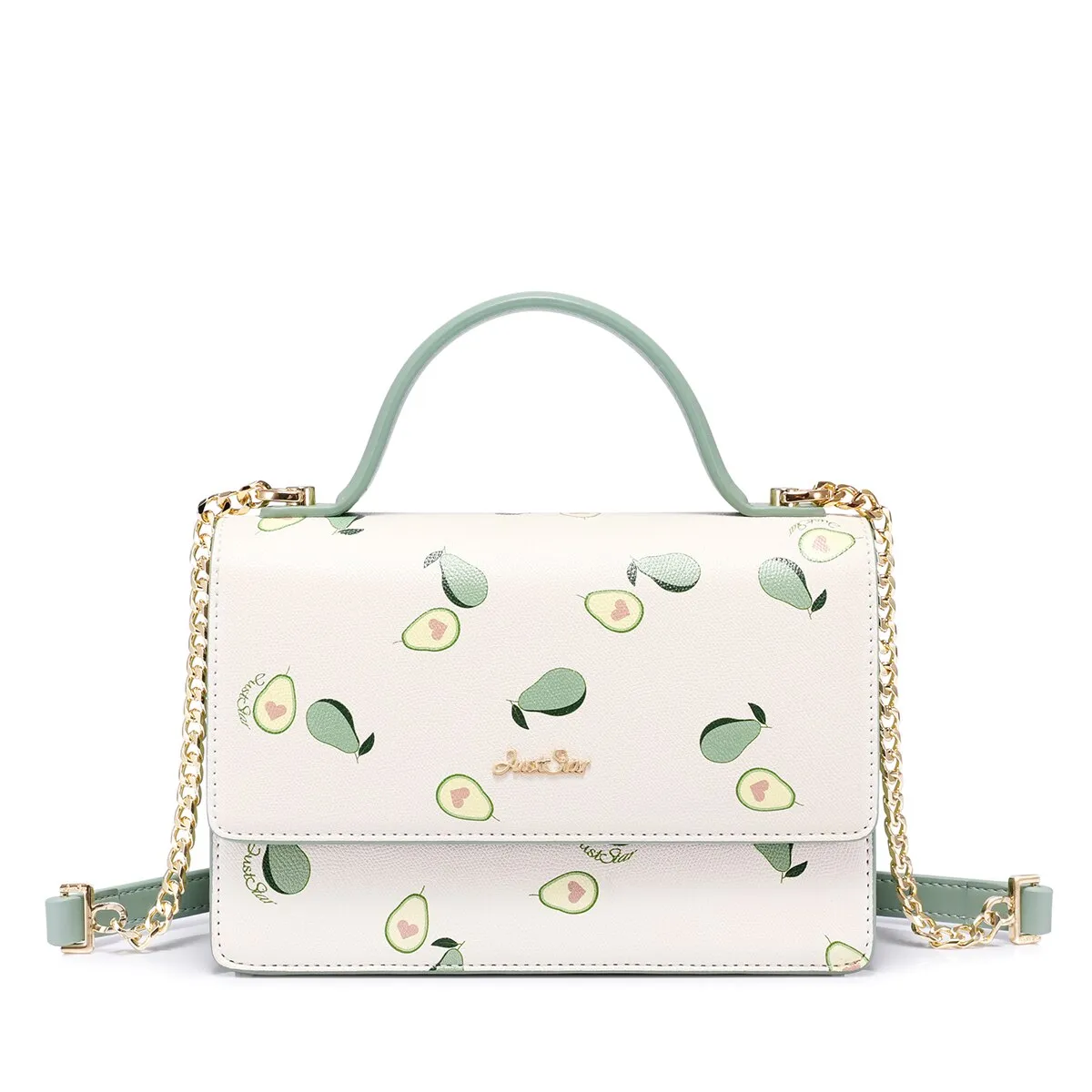 JUST STAR Women's PU Leather Handbags Ladies Fashion Avocado Fruit Printing Shoulder Tote Purse Female Chains Flap Messenger Bag