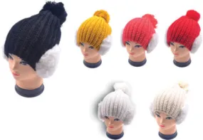 knit beanie hats w/ earmuffs & pompoms Case of 72