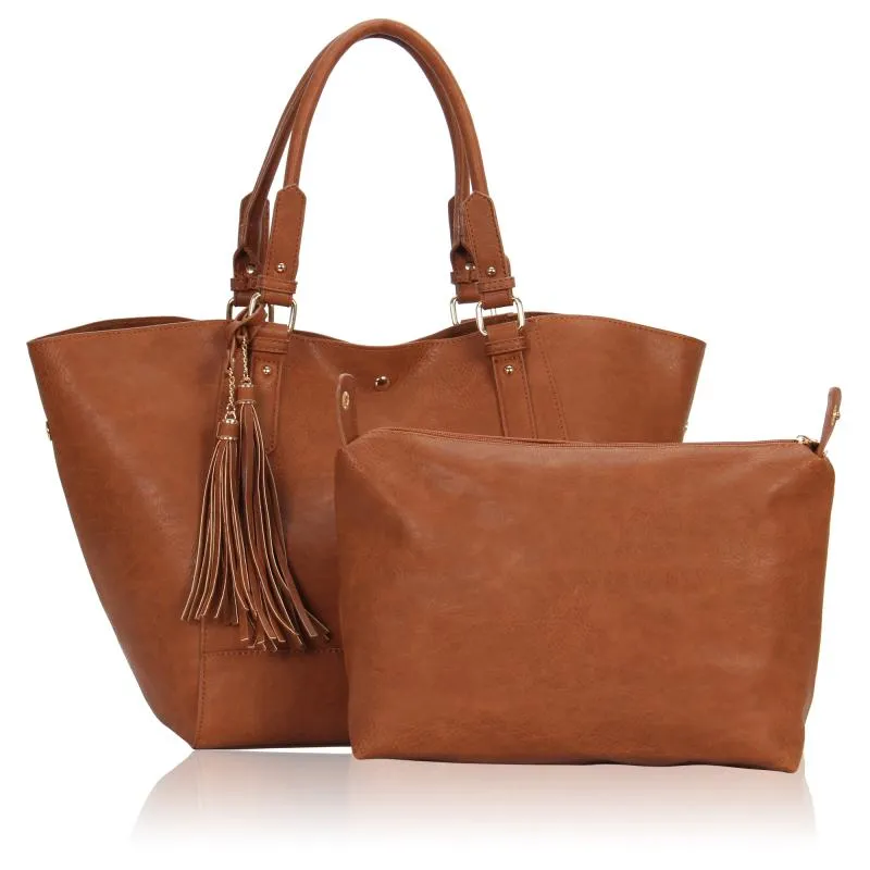 Leather Brown Shoulder Handbag Set For Ladies